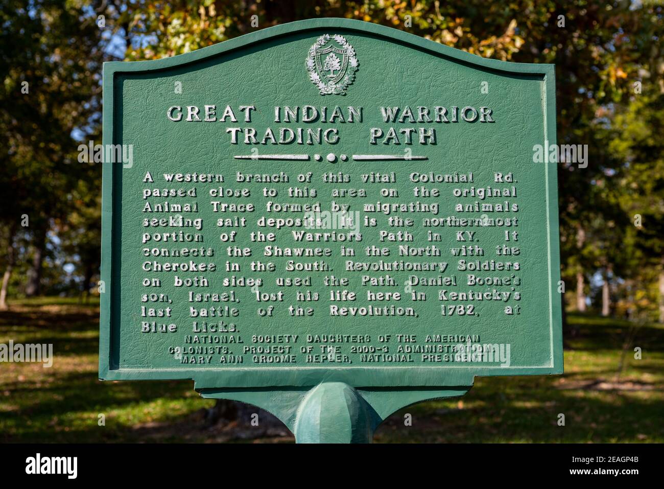 Historic highway memorial marker for the Great Indian Warrior Trading Path in the Blue Licks Battlefield State Resort Park in Kentucky Stock Photo