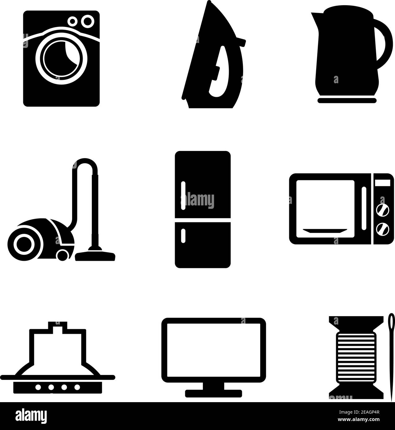 Set of black and white kitchen and home appliances icons including a vacuum cleaner, kettle, iron, fridge, microwave oven needle and cotton, televisio Stock Vector