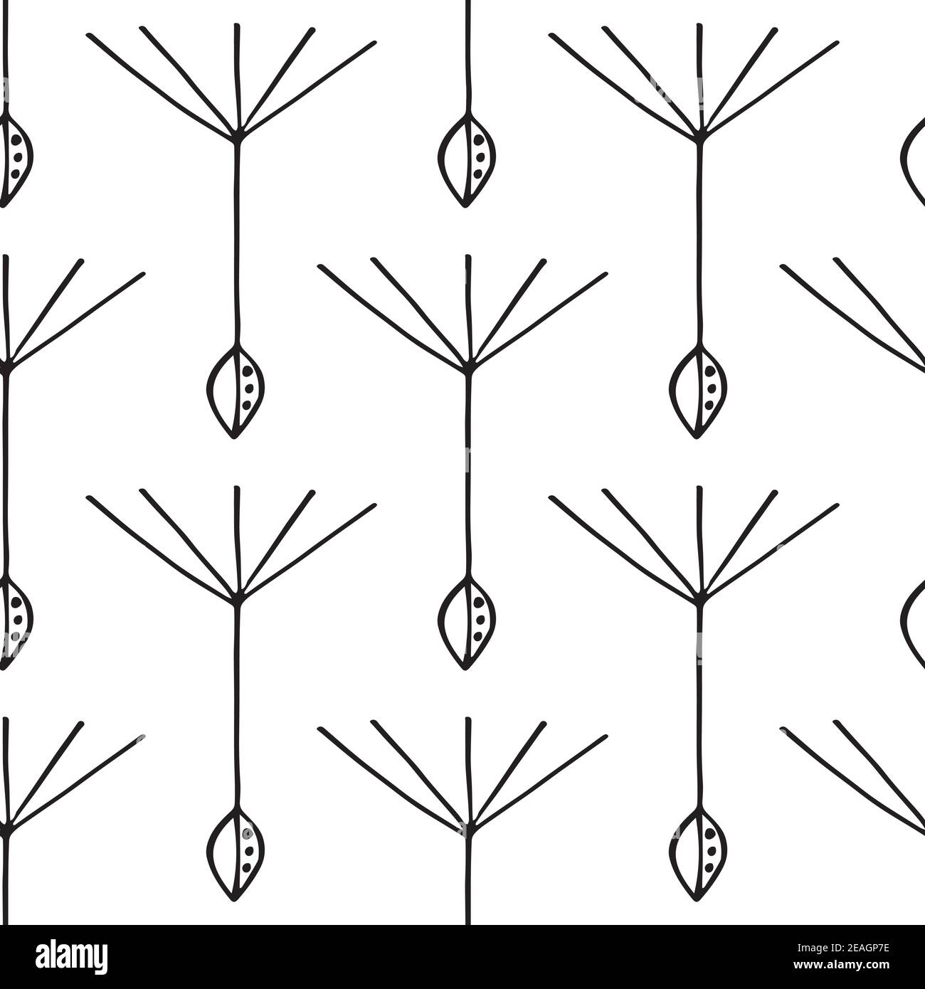 Dandelion seed seamless vector pattern background. Backdrop of abstract floating herbacious flower seeds black and white backdrop. Stylised hand drawn Stock Vector