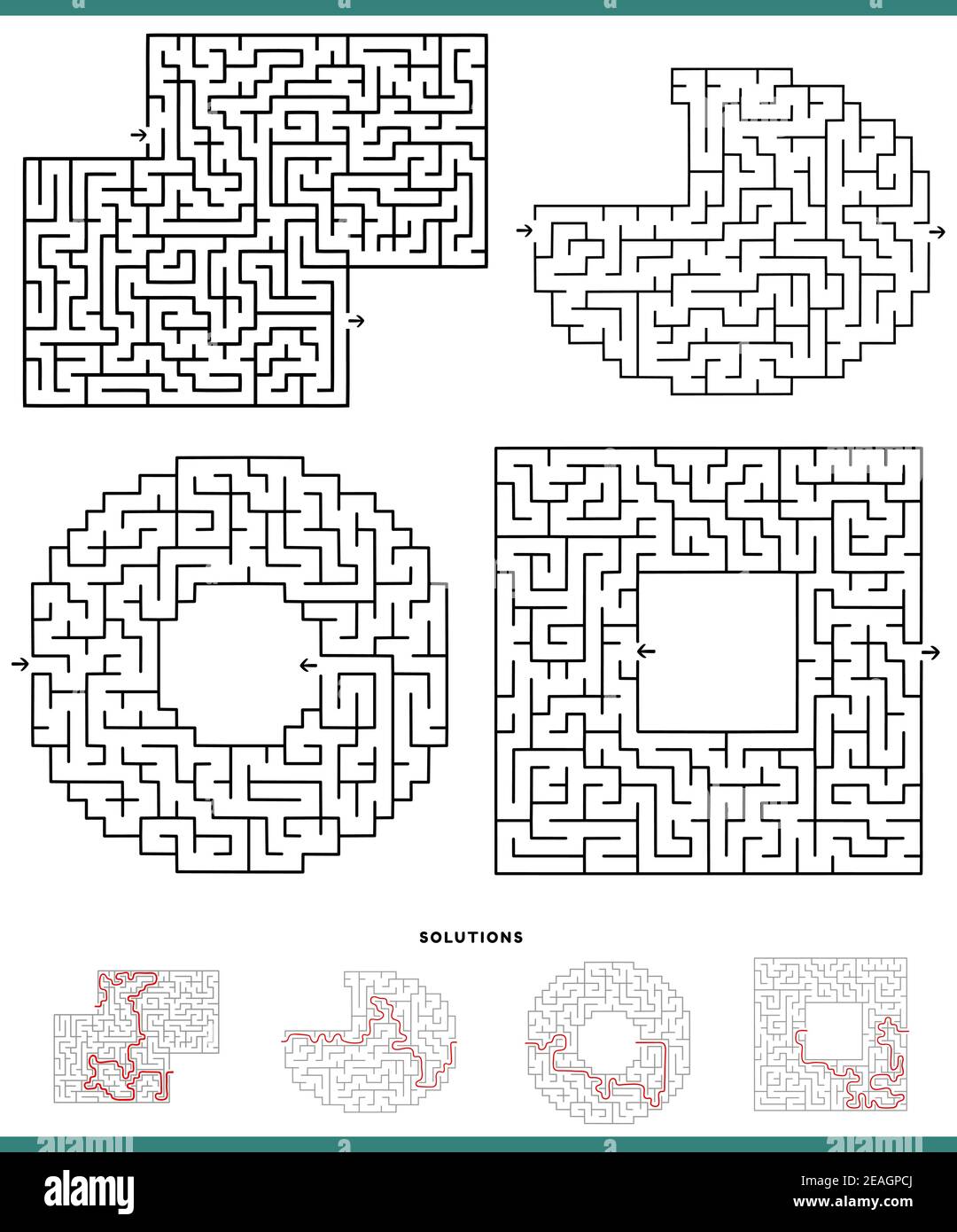 Illustration of black and white mazes leisure game graphs set with ...