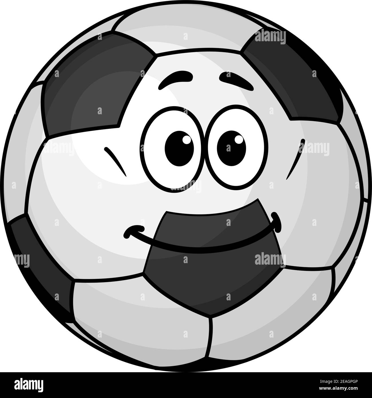 Cartoon soccer ball with a black and white pentagonal pattern and a