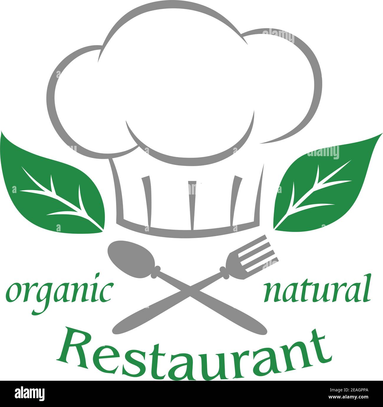 Organic natural restaurant icon with a chefs toque or hat over a crossed spoon and fork with green leaves and text on a white background Stock Vector