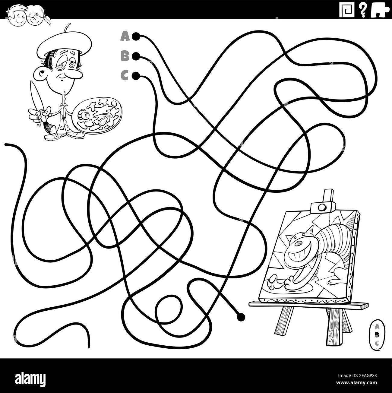 Black and white cartoon illustration of lines maze puzzle game with artist painter character and his painting on easel coloring book page Stock Vector