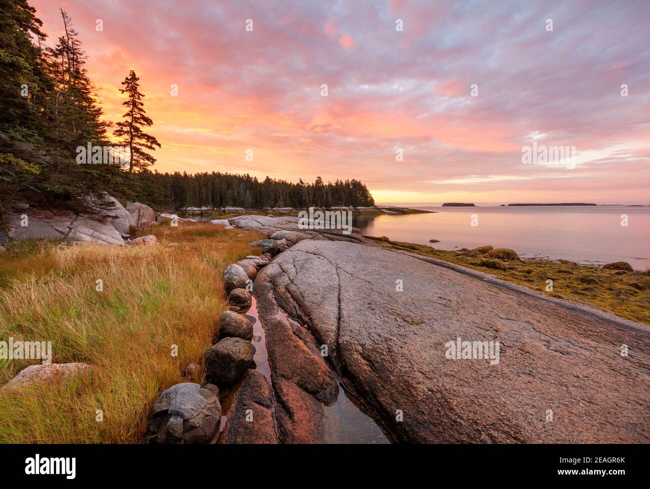 Deer Isle, Maine: Colorful sunrise on the shoreline of Jericho Bay ...