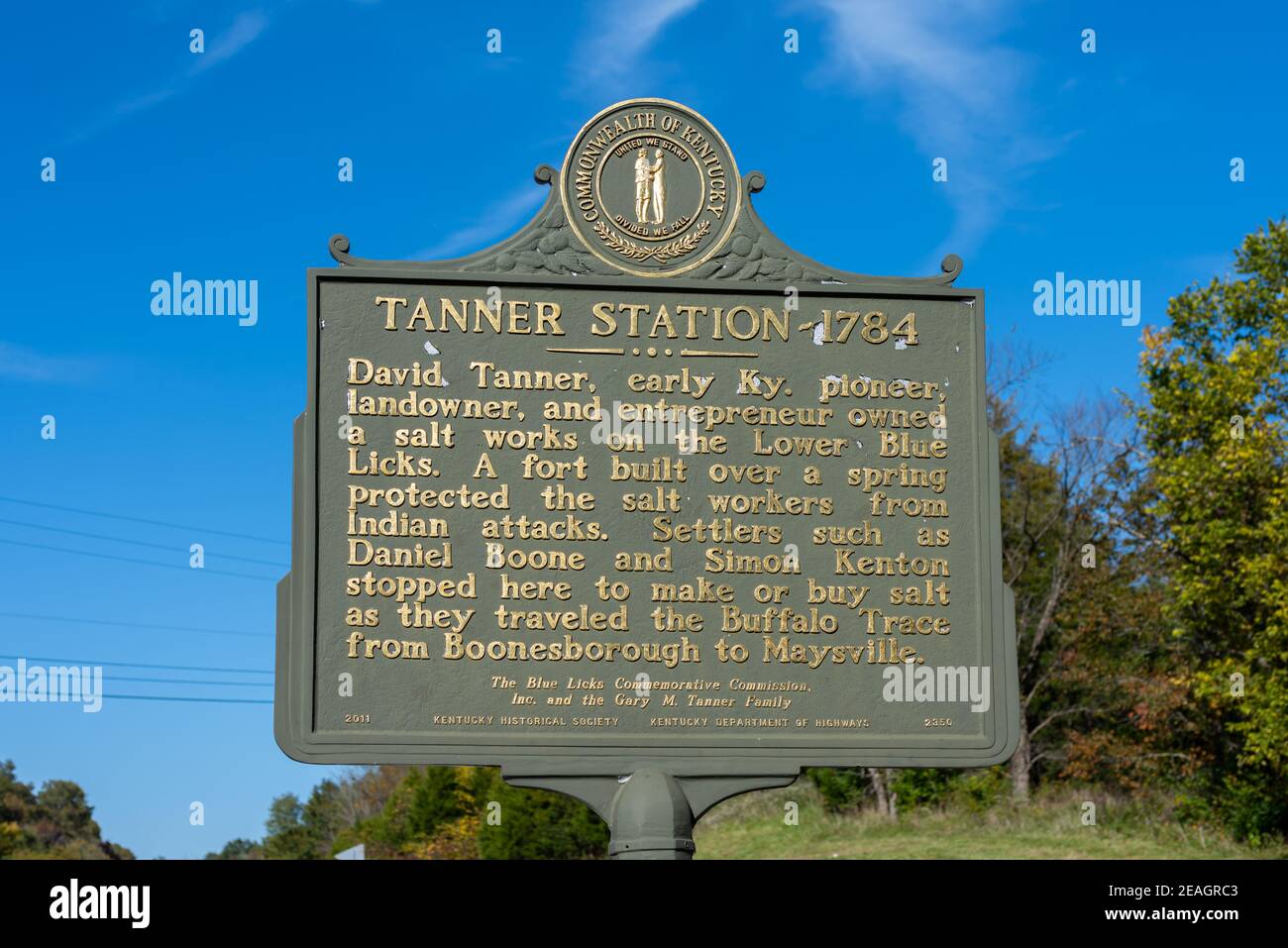 Historic highway memorial marker for Tanner Station in the Blue Licks Battlefield State Resort Park in Kentucky Stock Photo