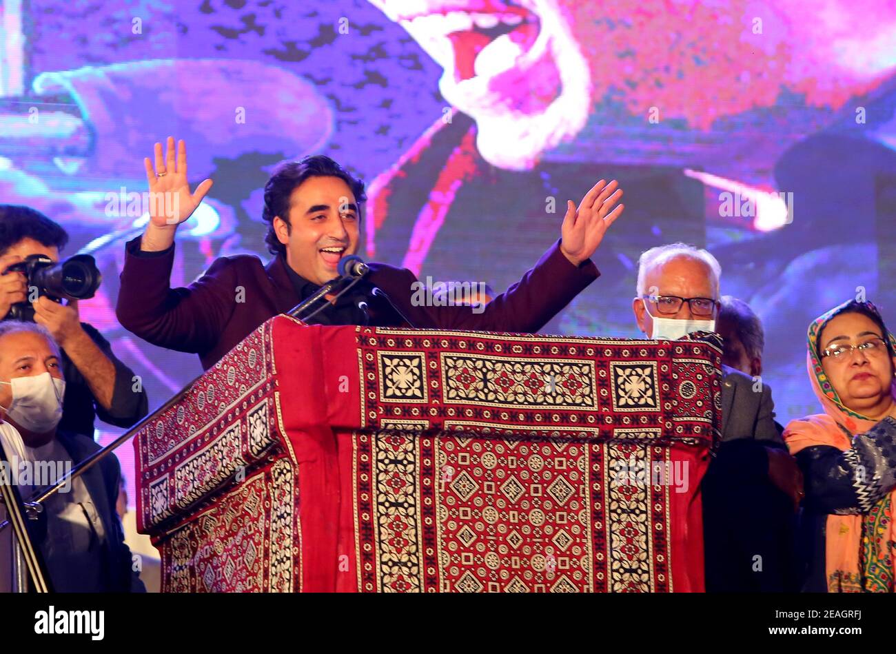 Hyderabad, Pakistan. 09th Feb, 2021. Chairman of Pakistan Peoples Party PPP Bilawal Bhutto giving his speech during the public gathering by the PDM in Hyderabad (Photo by Jan Ali Laghari/Pacific Press) Credit: Pacific Press Media Production Corp./Alamy Live News Stock Photo