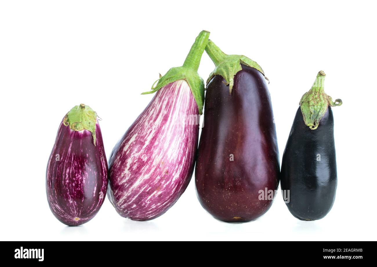 Group of eggplants of different colors cut out on a white background