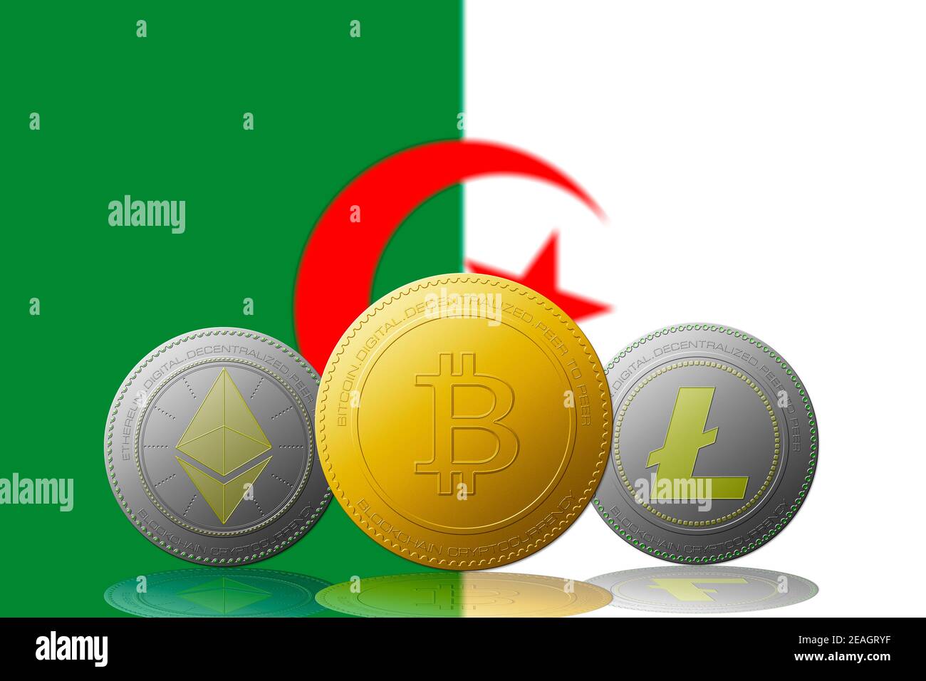 Three cryptocurrencies Bitcoin  Ethereum and Litecoin with ALGERIA flag on background. Stock Photo
