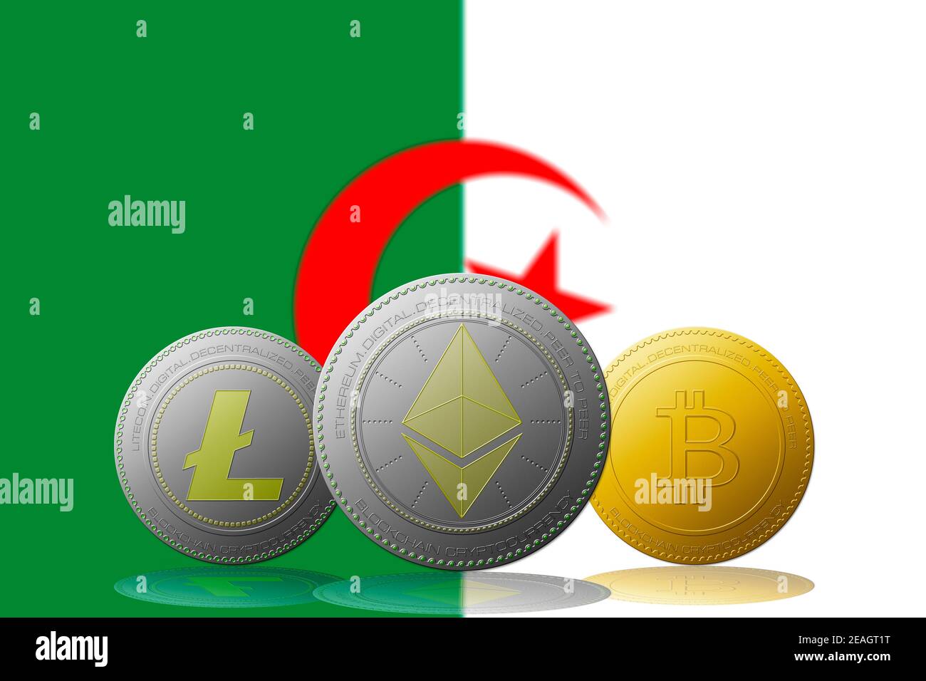 3D illustration Three cryptocurrencies Bitcoin  Ethereum and Litecoin with ALGERIA flag on background. Stock Photo