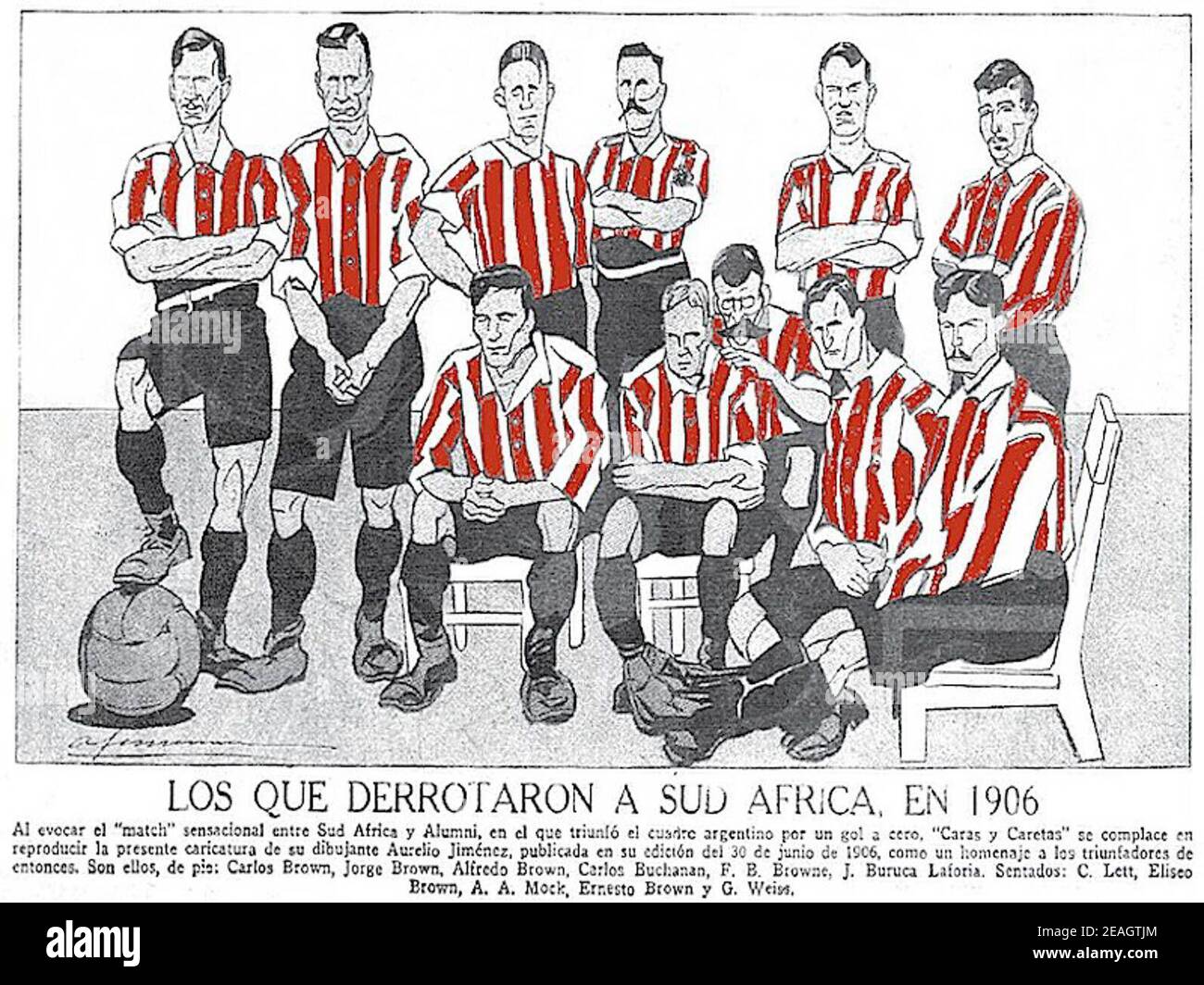 Stupid shocking Sculpture Cartoon depicting Argentine football team Alumni A.C. that beat a South  African squad by 1-0 in Buenos Aires. Players are: (stood): Carlos Brown,  Jorge Brown, Alfredo Brown, Carlos Buchanan, F. Browne, J.