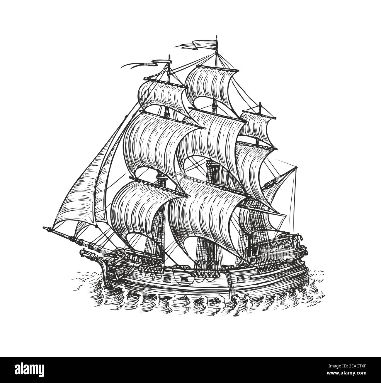 Vintage wooden ship with sails. Navigation sketch vector illustration Stock Vector