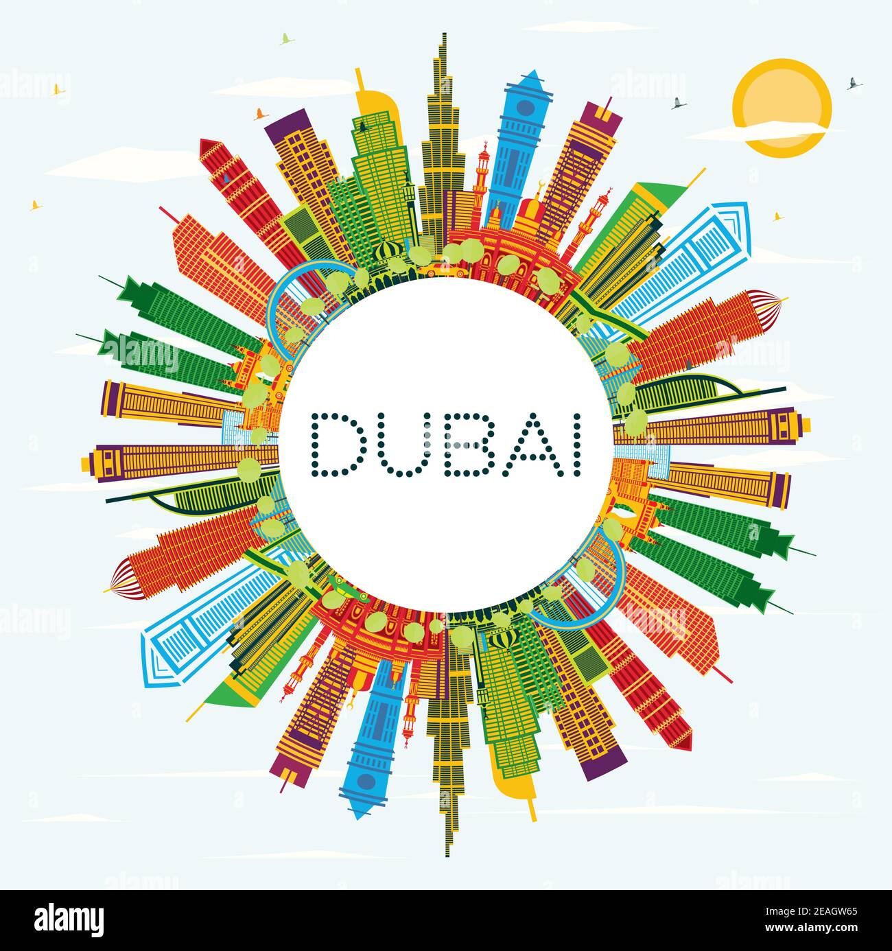 Dubai UAE City Skyline with Color Buildings, Blue Sky and Copy Space. Vector Illustration. Business Travel and Tourism Concept Stock Vector
