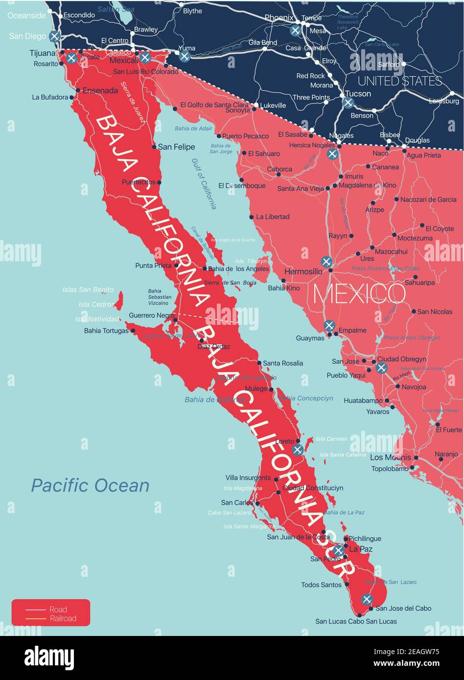 Baja California On A Map Baja California Region Detailed Editable Map With Cities And Towns, Roads  And Railways, Geographic Sites. Vector Eps-10 File Stock Vector Image & Art  - Alamy