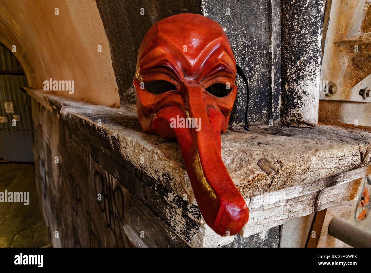 Leather theatre mask of Il Capitano (The Captain) by artist Carlo Setti from Venice who specialises in Commedia Dell'Arte masks. Stock Photo