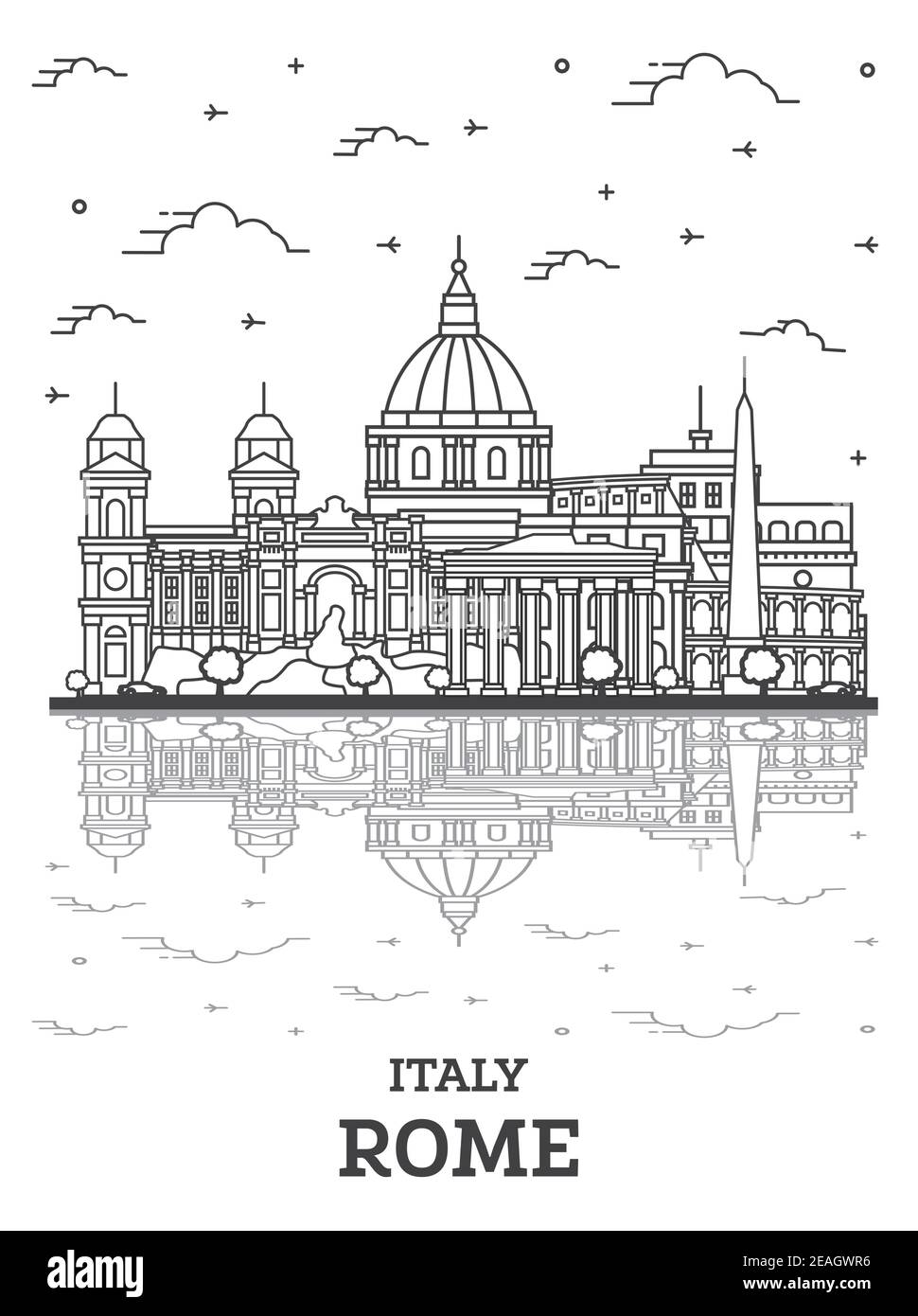 Outline Rome Italy City Skyline with Historic Buildings and Reflections Isolated on White. Vector Illustration. Rome Cityscape with Landmarks. Stock Vector