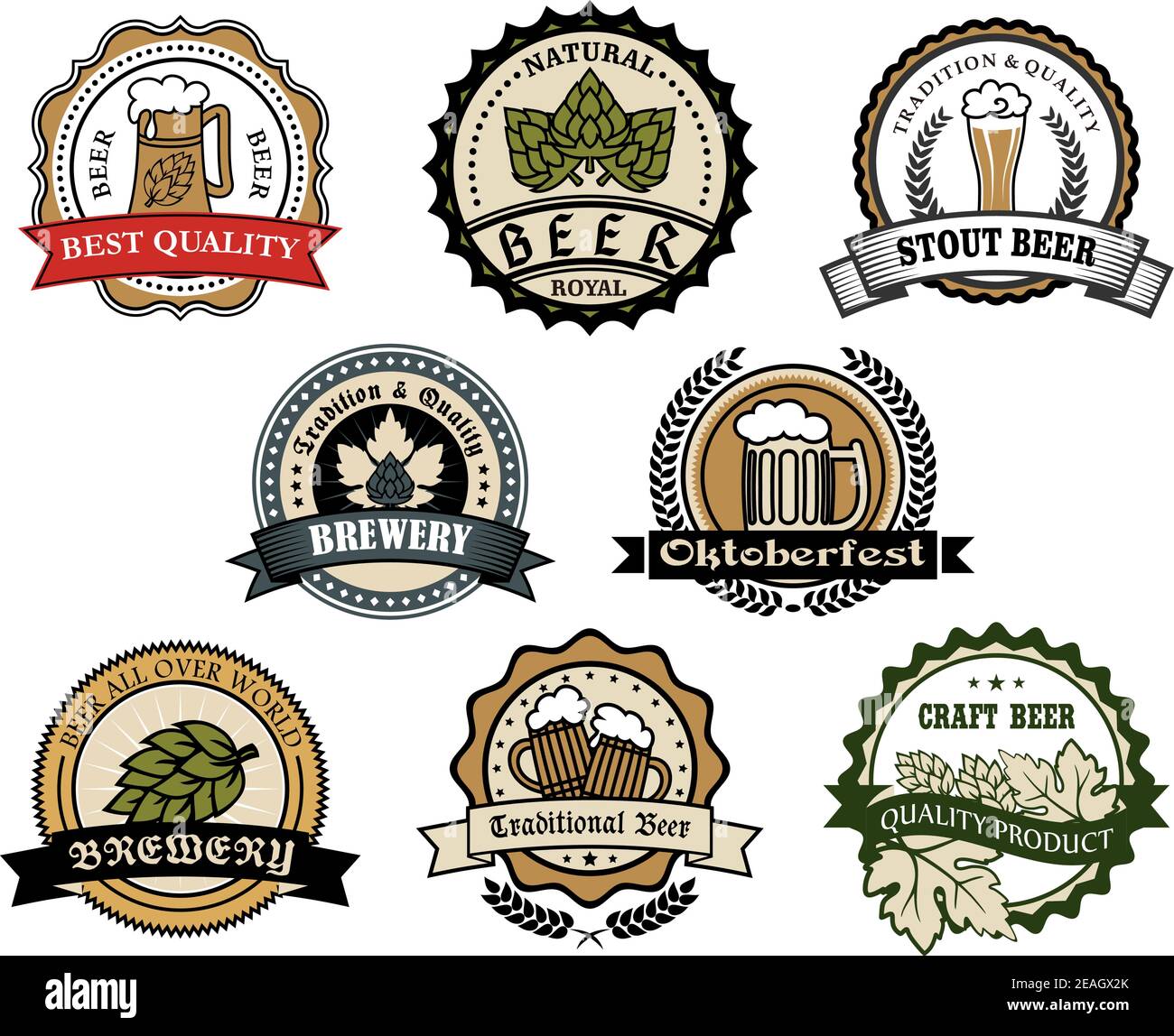 Brewery and beer labels set depicting tankards of beer and hops in