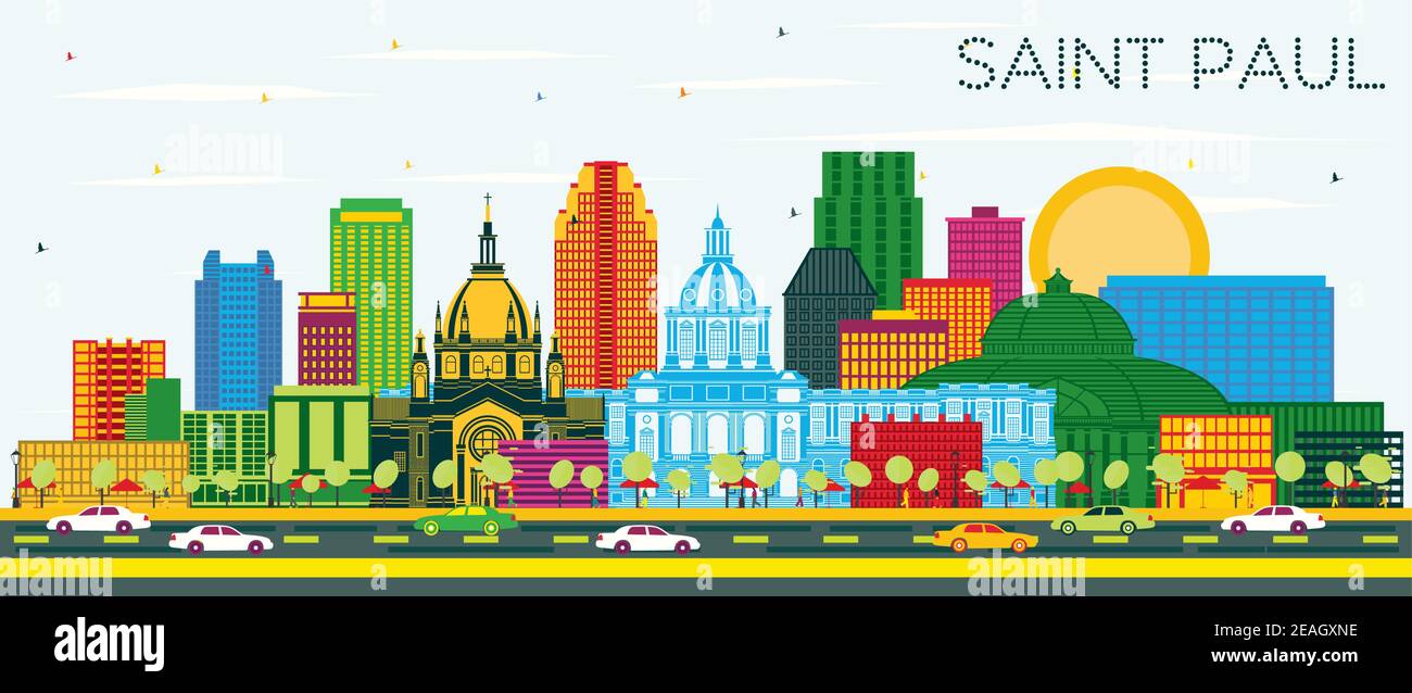 Saint Paul Minnesota City Skyline with Color Buildings and Blue Sky. Vector Illustration. Business Travel and Tourism Concept Stock Vector