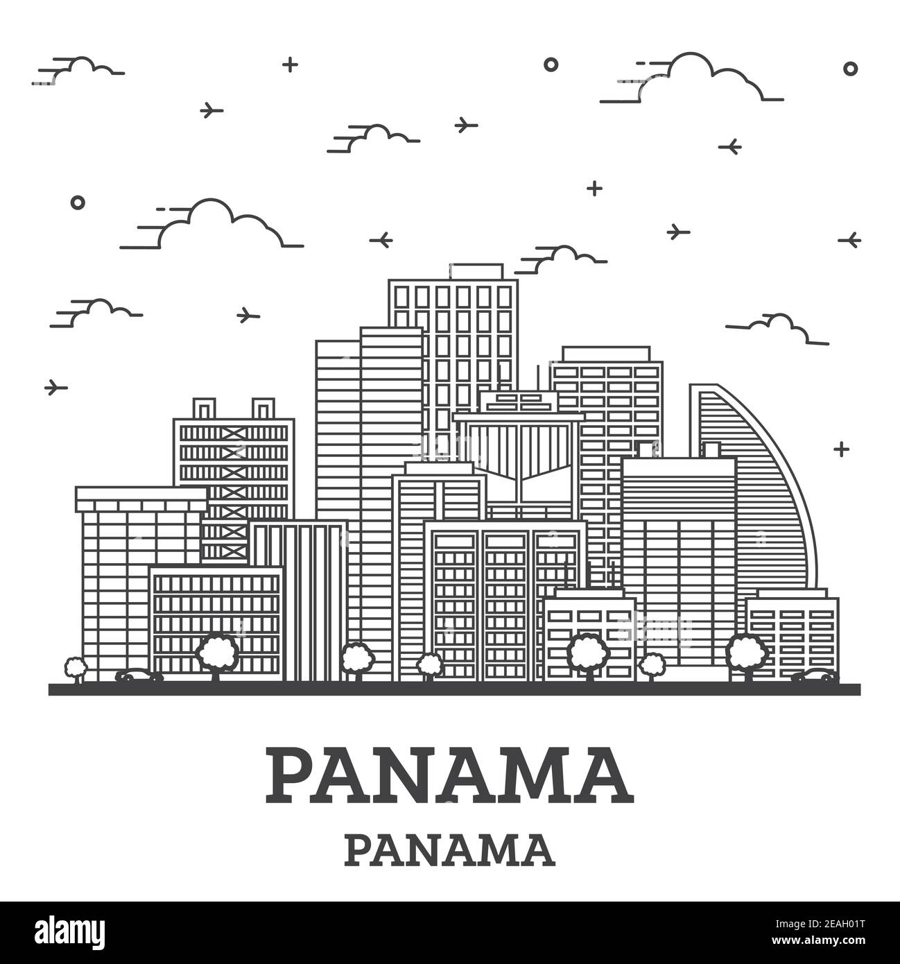 Outline Panama City Skyline with Modern Buildings Isolated on White. Vector Illustration. Panama Cityscape with Landmarks. Stock Vector