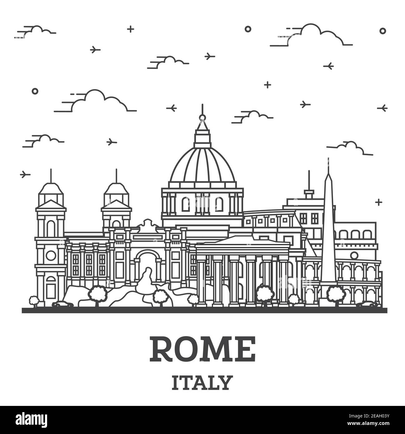 Outline Rome Italy City Skyline with Historic Buildings Isolated on White. Vector Illustration. Rome Cityscape with Landmarks. Stock Vector