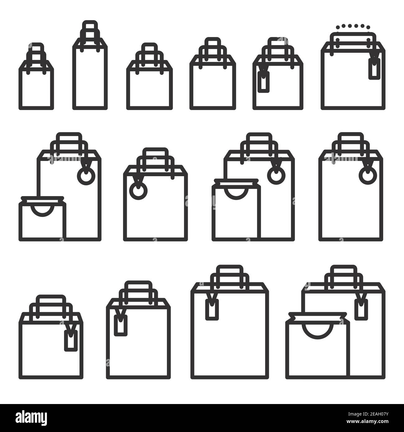 Outline Shopping Bag Icon Set. Vector Illustration. Paper Market Bag  Icons Isolated on White. Stock Vector