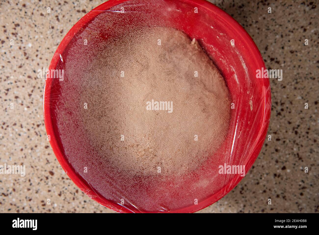 A ball of bread dough in a red mixing bowl covered with plastic wrap