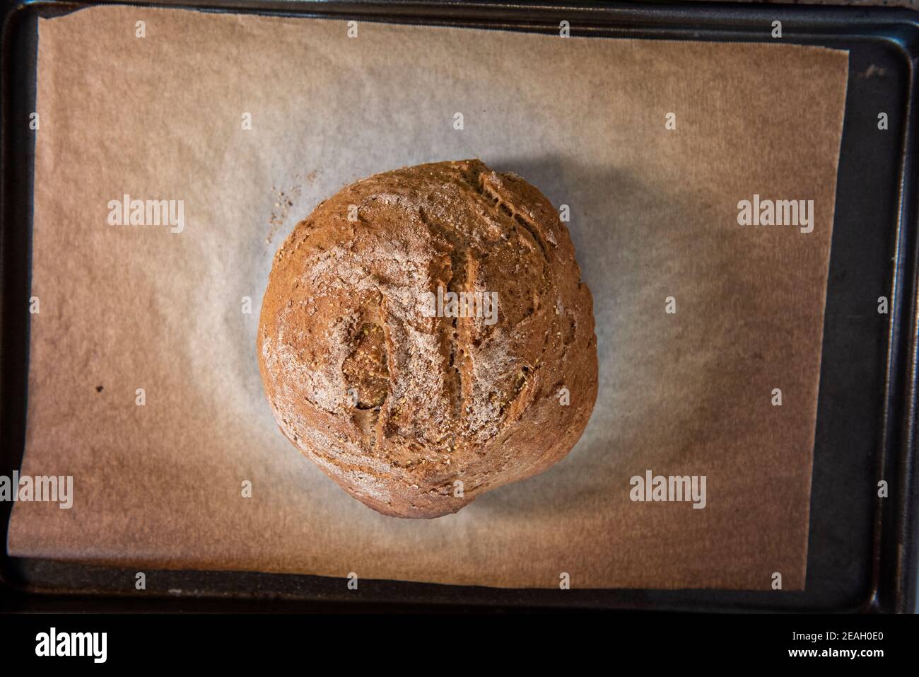 A freshly baked loaf of bread. Series step-by-step making homemade bread.  Frame 11 of 13 Stock Photo