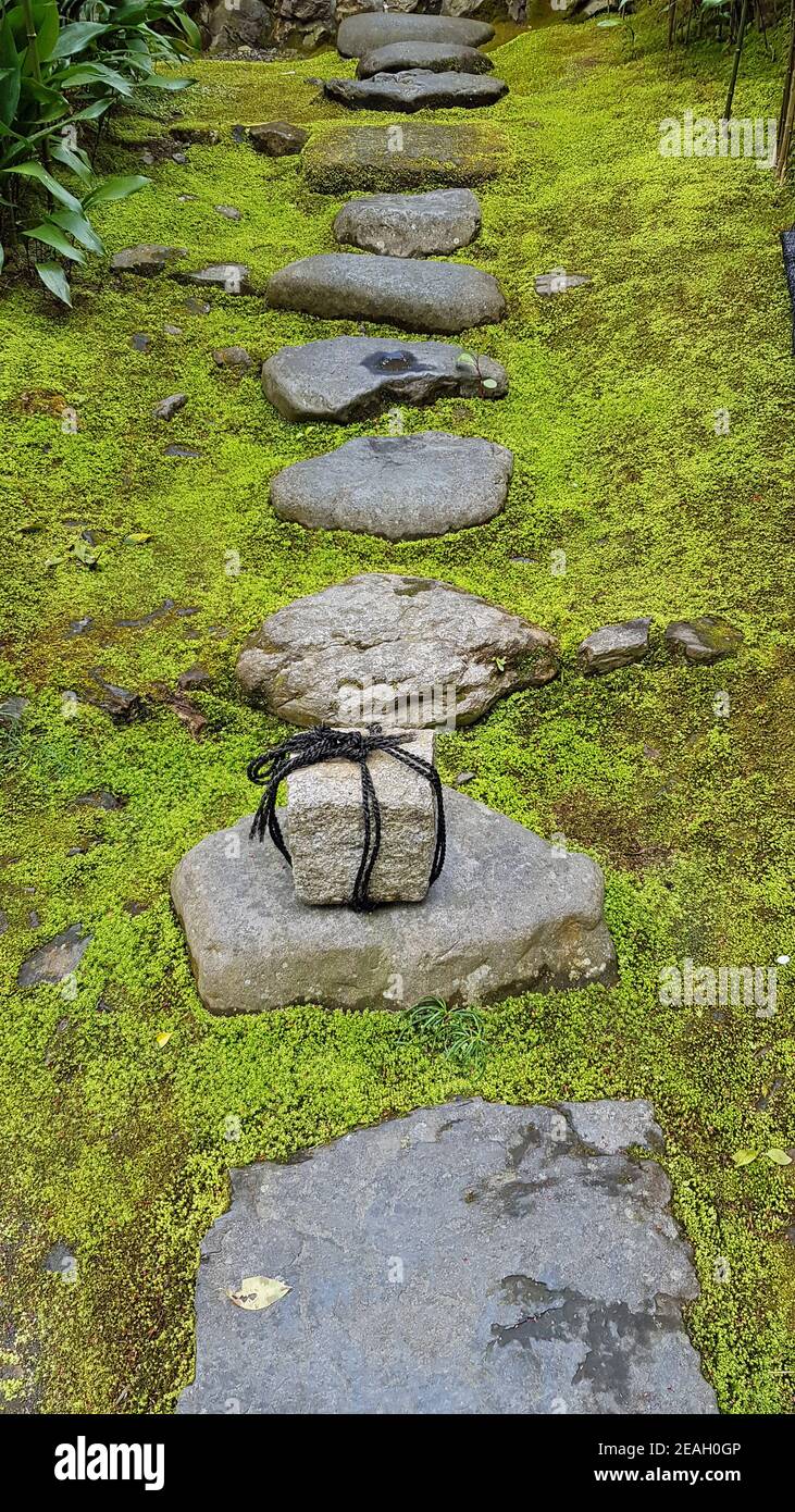 Closed Stone path in secluded green natural area marked by a rock in Japan, Asia Stock Photo