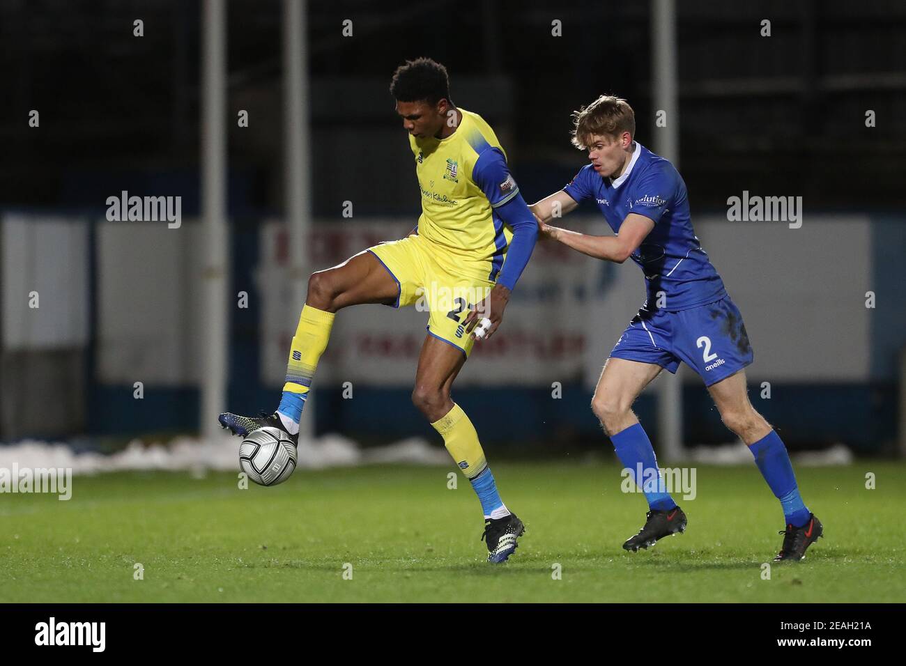 Hartepool, County Durham, UK. 27th Oct 2020. Lewis Cass of Hartlepool United  in action with Altrincham's Yusifu Ceesay during the Vanarama National  League match between Hartlepool United and Altrincham at Victoria Park