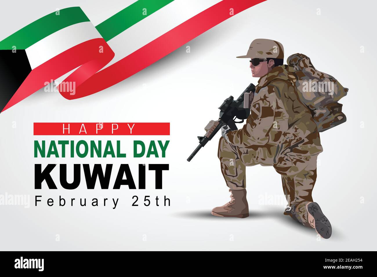 illustration of 25th of February background for Happy national day of Kuwait. a soldier with gun and flag. Vector illustration. Stock Vector
