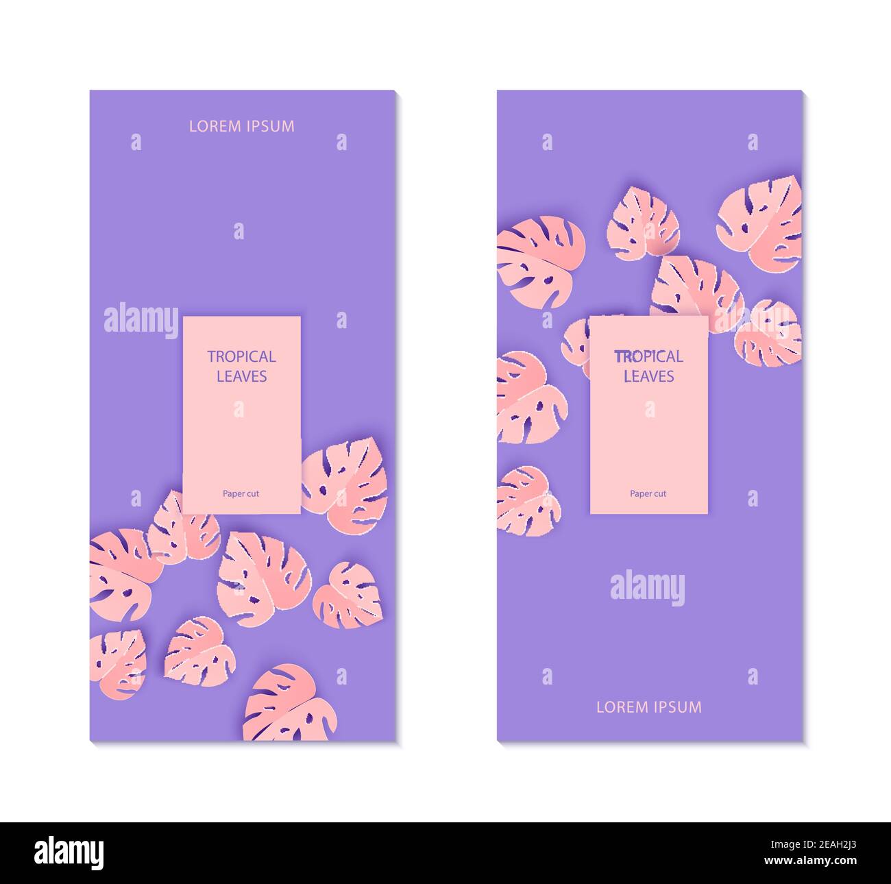 Two flayers template with abstract paper cut pink leaves for banner ...
