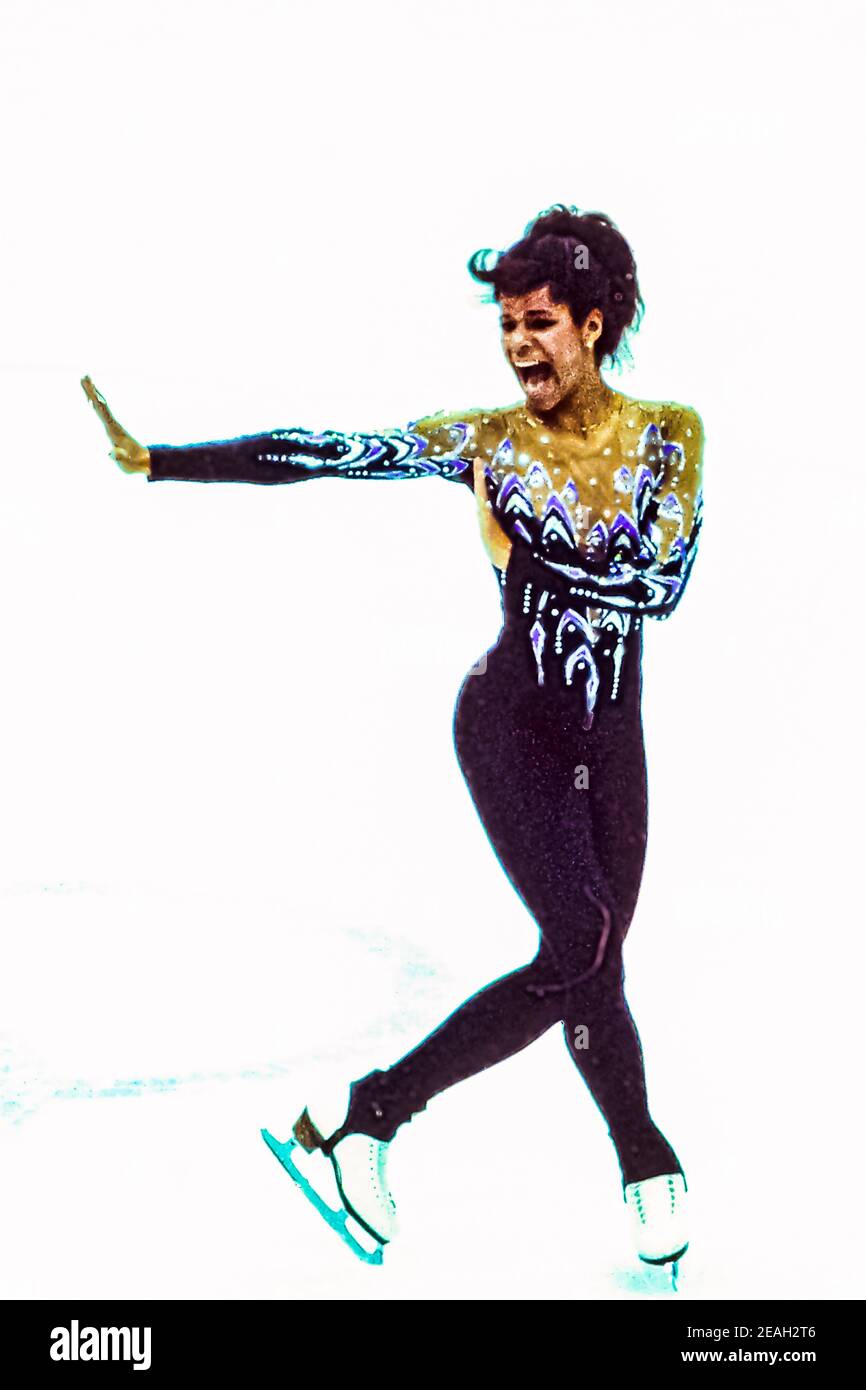 Debi Thomas (USA) competing in the Ladies Figure Skating Short Program at the 1988 Olympic Winter Games. Stock Photo