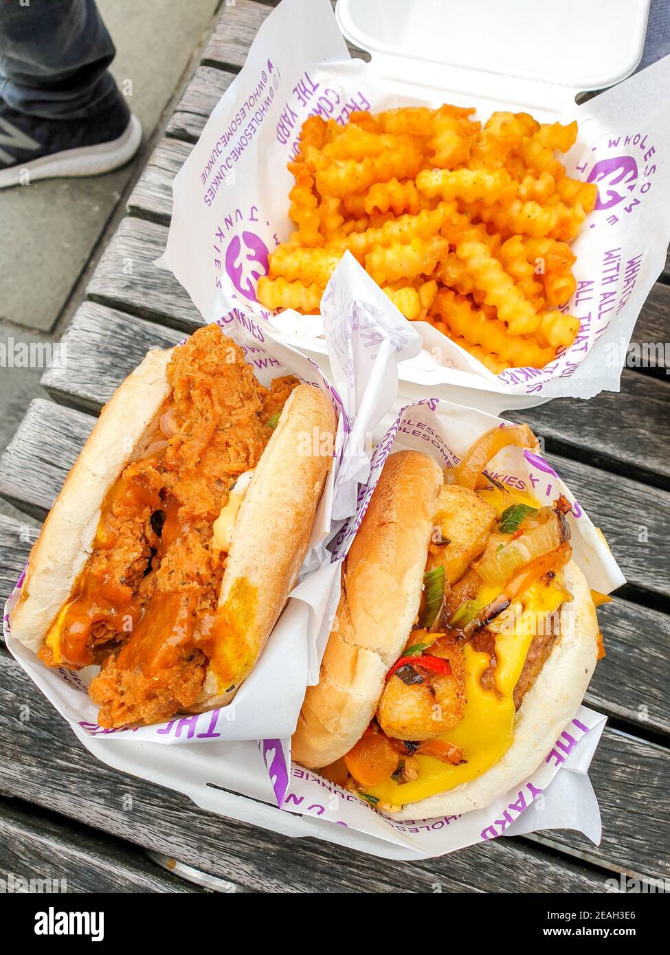 Takeaway Plant based katsu curry burger & chips from Wholesome Junkies