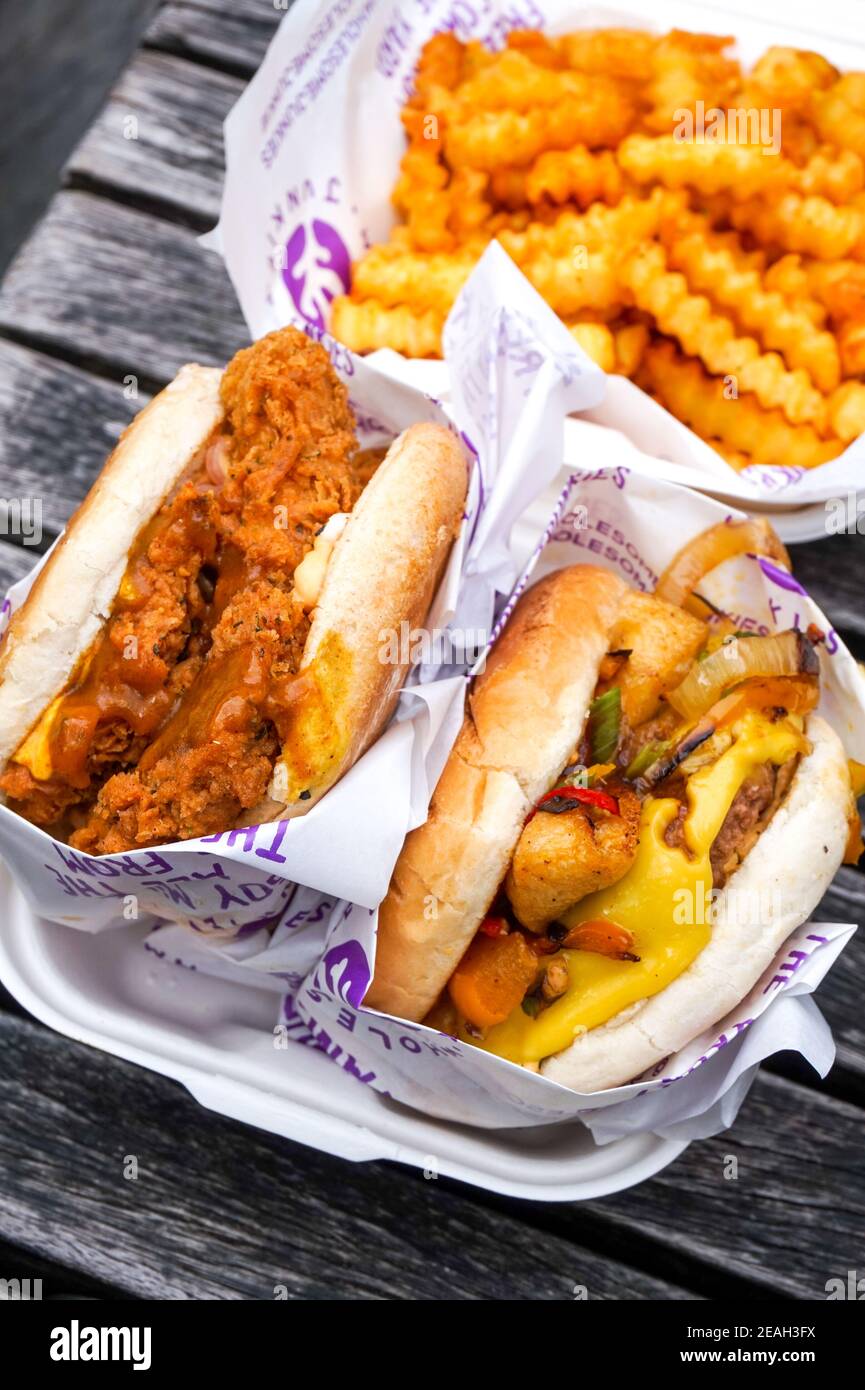 Takeaway Plant based katsu curry burger & chips from Wholesome Junkies