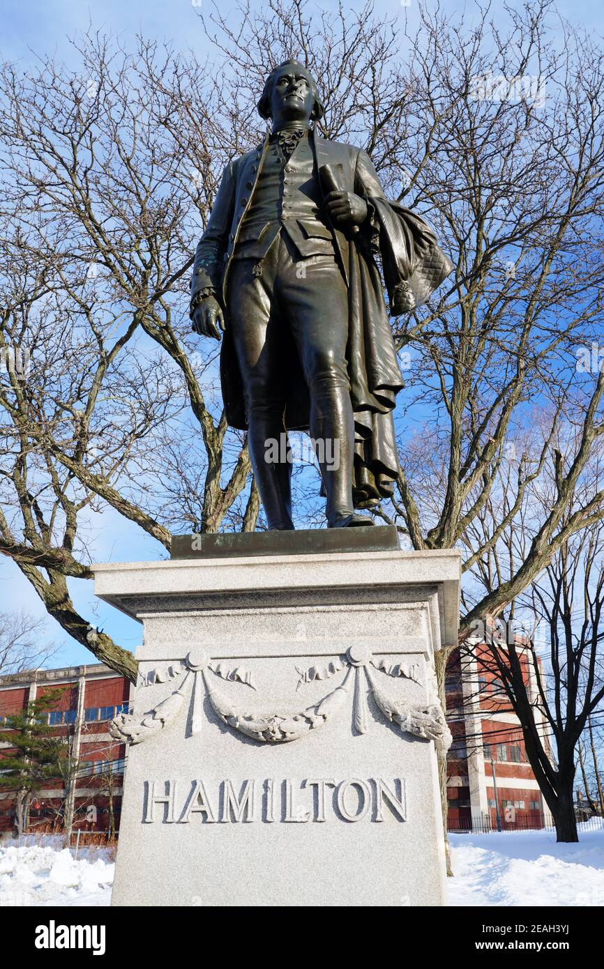 PATERSON, NJ 6 FEB 2021 Winter view of a statue of Founding Father