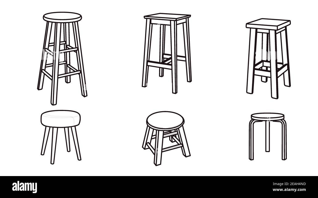 Vector isolated Wooden Stools Set. Black and White Stool Set Stock
