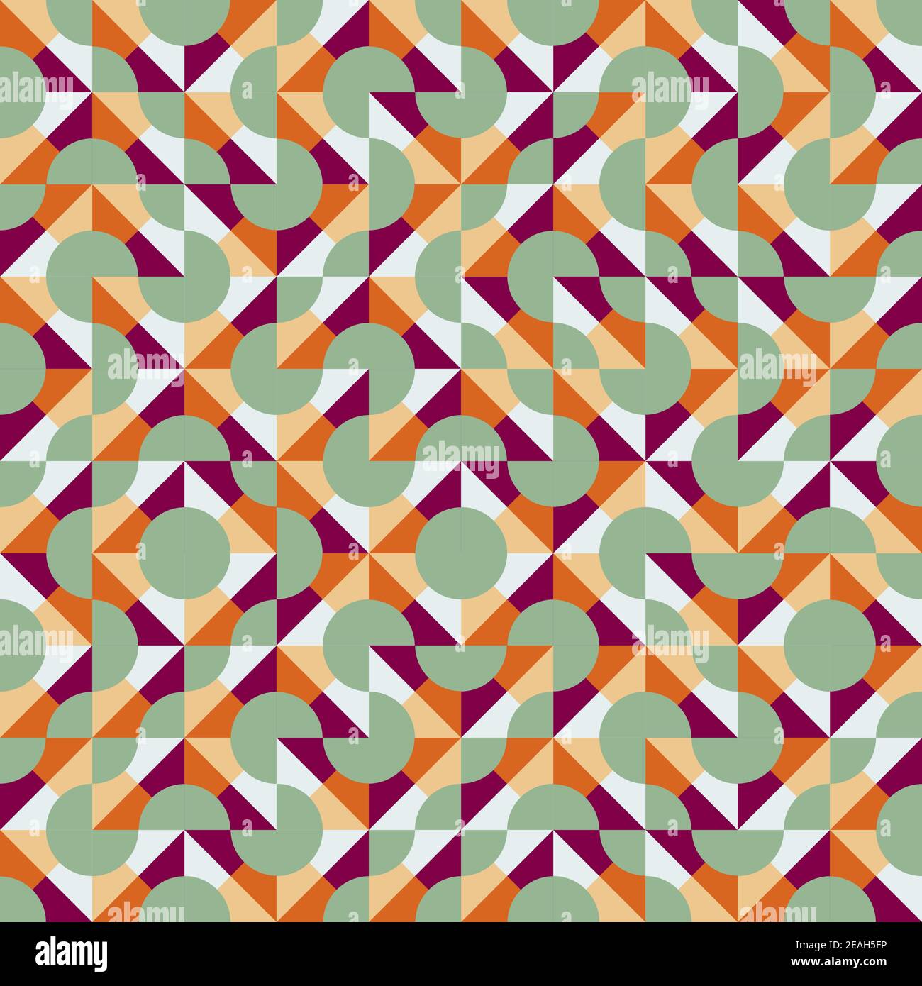 Vector truchet geometric seamless pattern background. Retro multicolor backdrop with random tiled triangular, rhombus and circle shapes. Layered blend Stock Vector