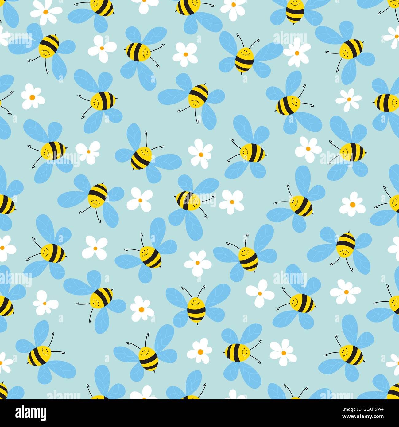 Seamless pattern with bees and flowers on blue background. Vector ...