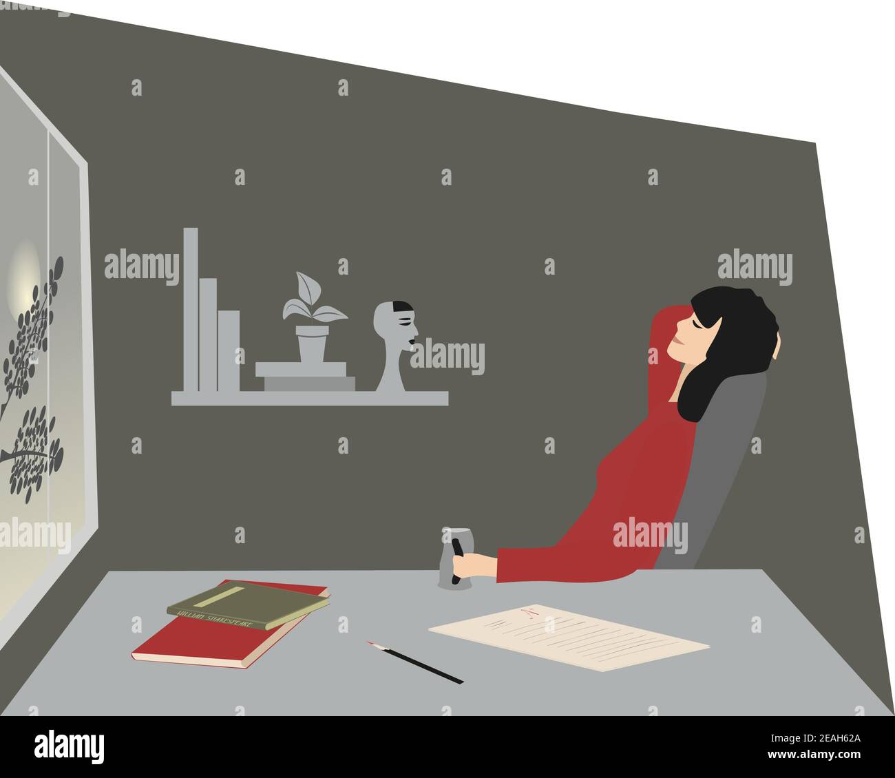 Woman resting to night. Teacher or student sitting on the chair with closed eyes. Girl holding cup of drink. Moon shines through window. On wall shelf Stock Vector
