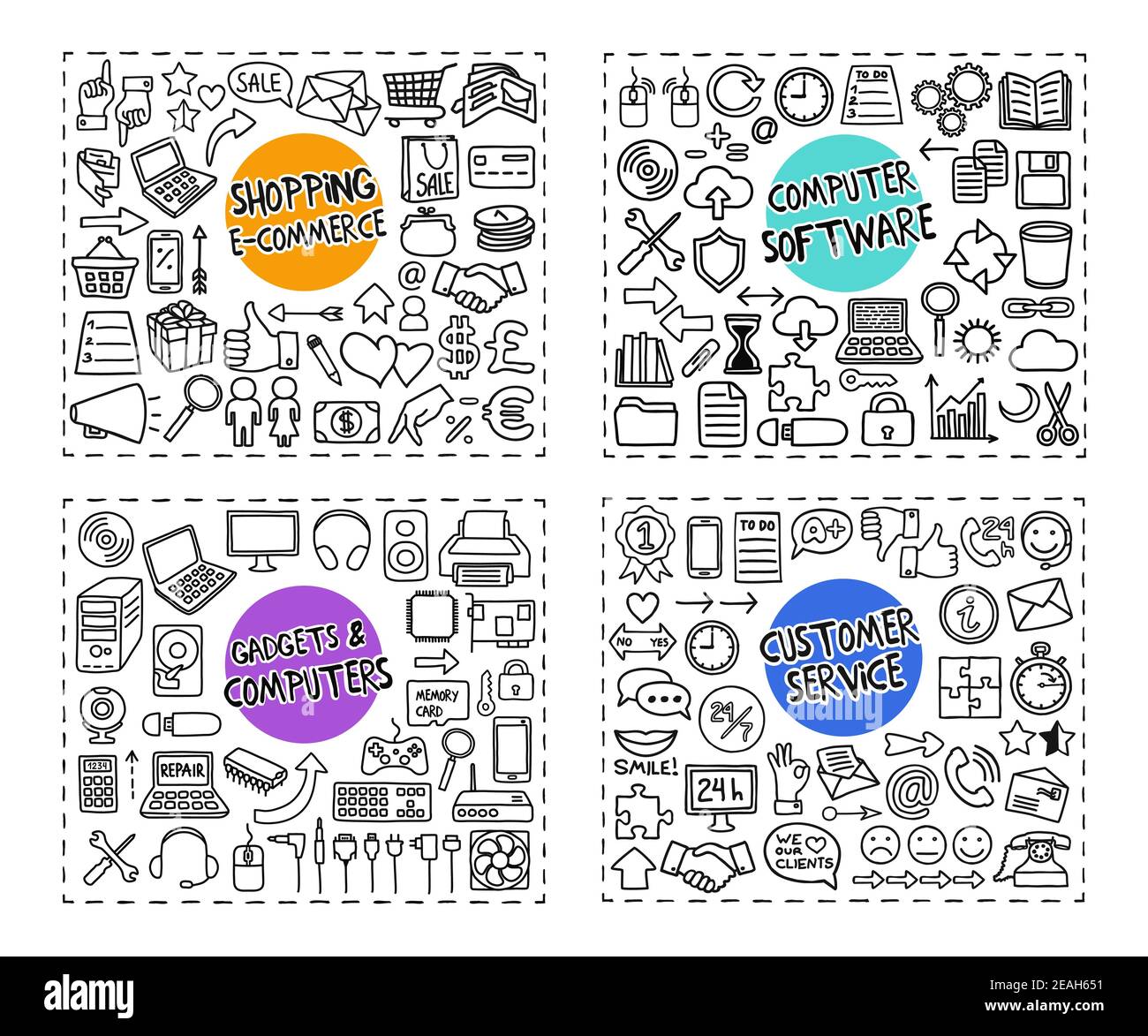 Gadgets, Computers, Computer Software, Customer Service, Shopping doodles set Stock Vector