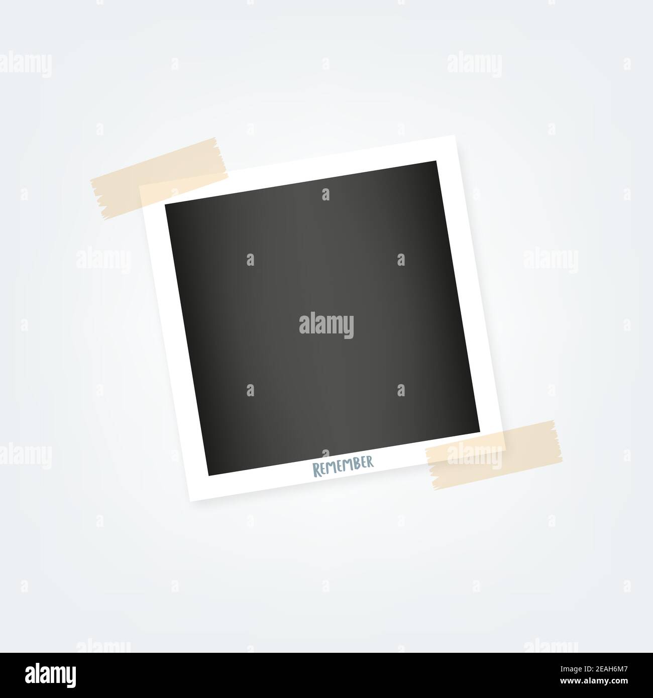 Photo frame with sticky tape. White textured border. Remember. Vector illustration, flat design