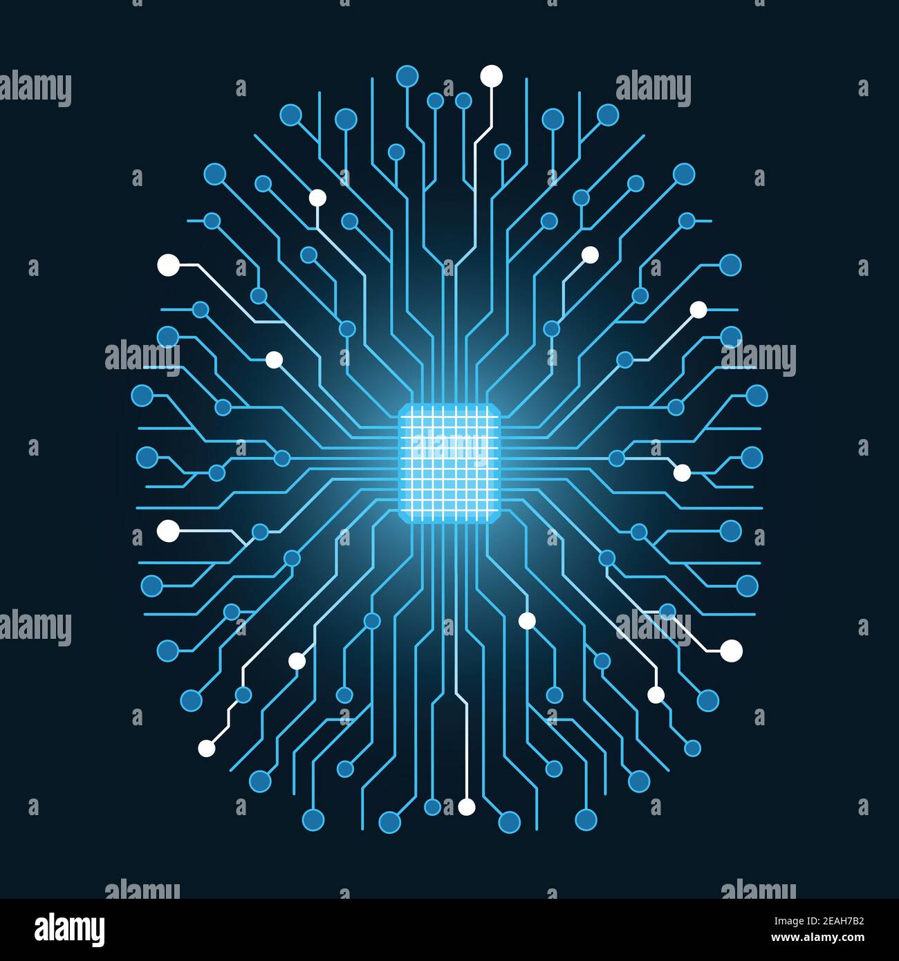 Vector illustration artificial intelligence. Microchip and brain shaped connections. Stock Vector