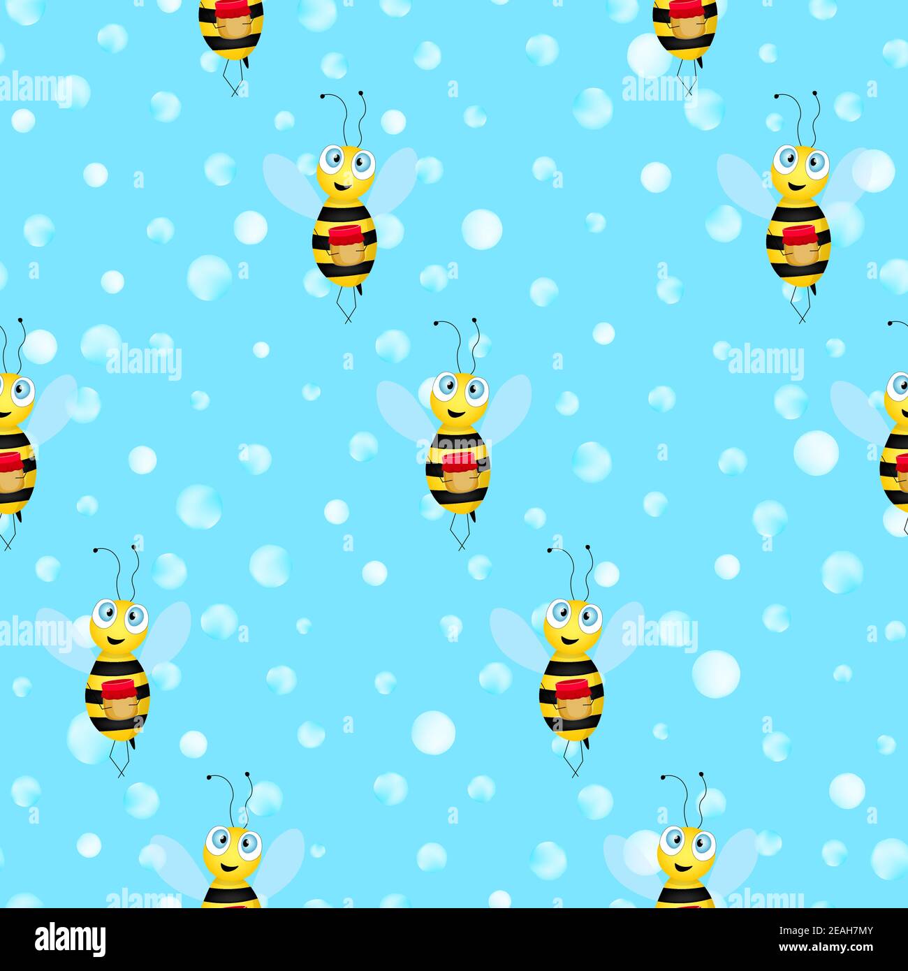 Seamless pattern with bees on blue polka dots background. Adorable ...