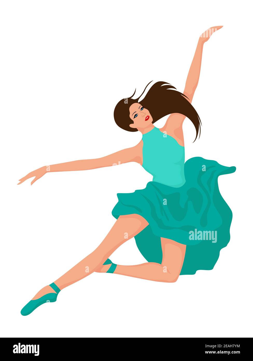 Beautiful woman dancer in turquoise dress in jump, hand drawing vector, isolated on the white background Stock Vector