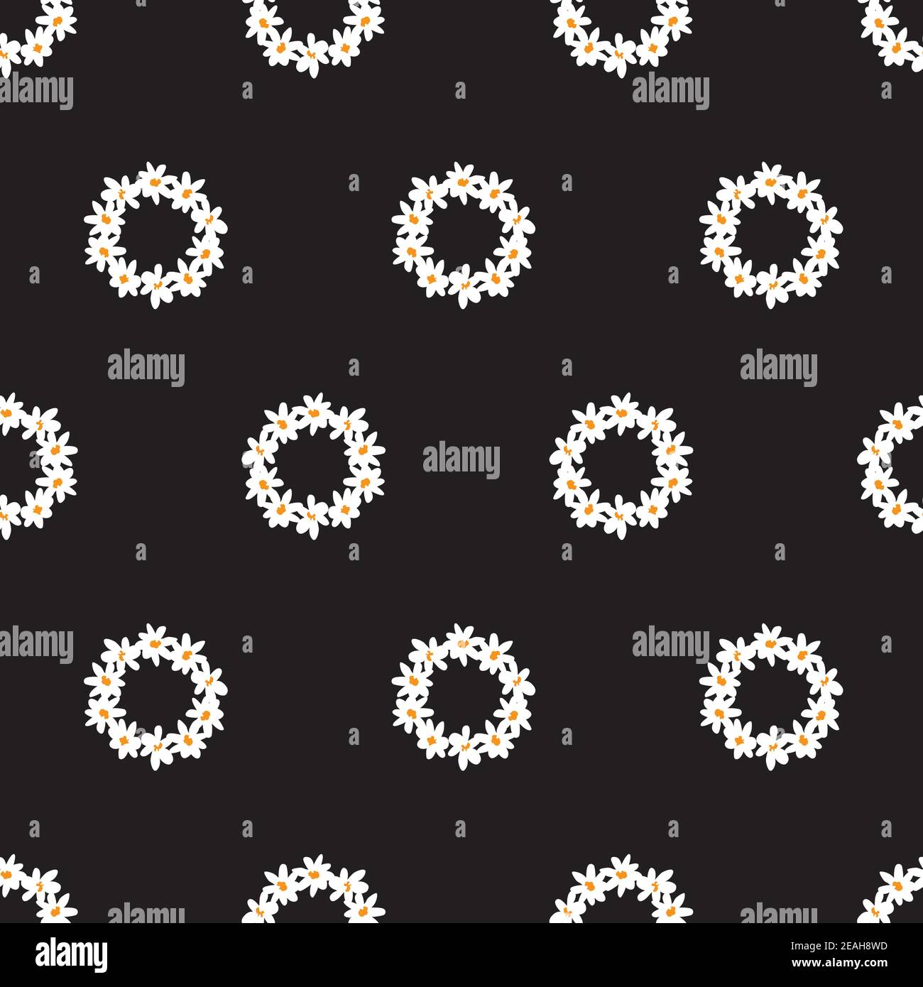 Vector black fun daisy flowers small rings repeat pattern. Suitable for ...