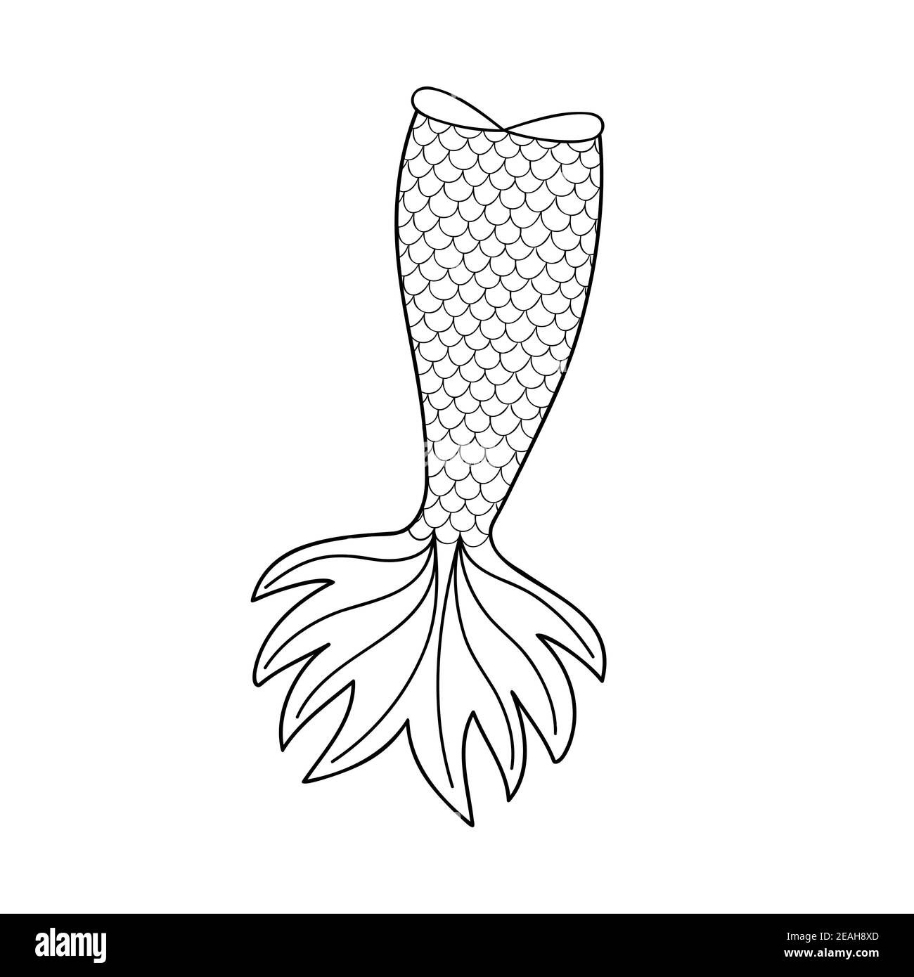 Mermaid tail in doodle outline style. Element of mermaid costume isolated on white background. Decoration for greeting card or tshirt design Stock Vector