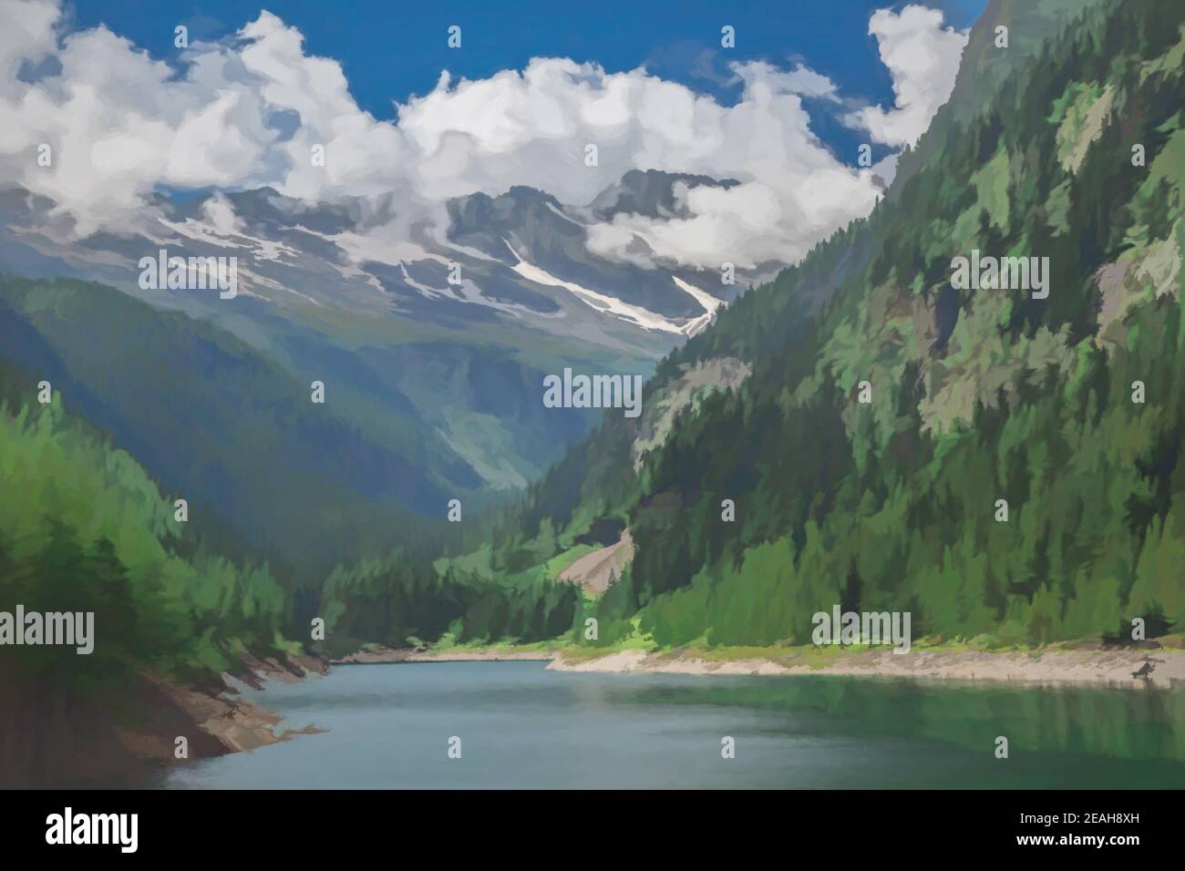 Digital painting of Campiccioli Dam, in Antrona National Park, Piedmont, Italy Stock Photo