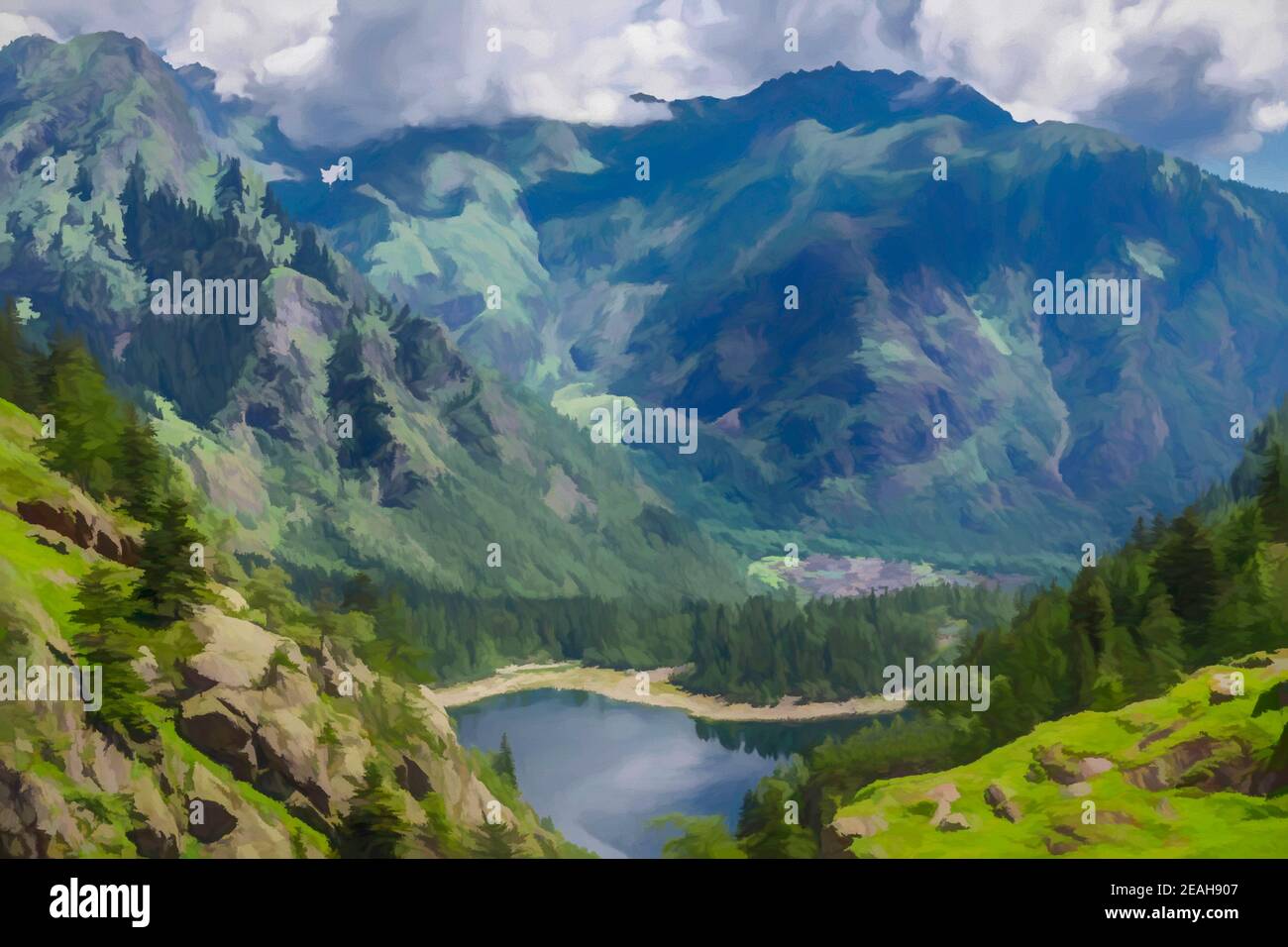 Digital painting of an aerial view of Antrona Lake in Antrona Valley National Park, Piedmont, Italy. Stock Photo