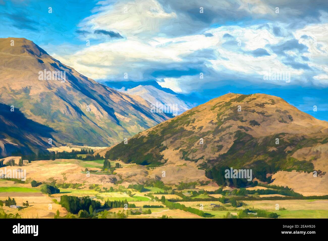 Digital painting of fields and mountains in the Crown Range New Zealand, South Island. Stock Photo
