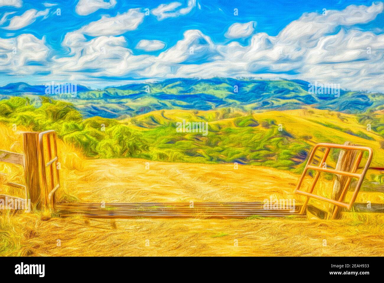 Digital painting of a cattle grid over a gravel road in rural NWS, Australia. Stock Photo