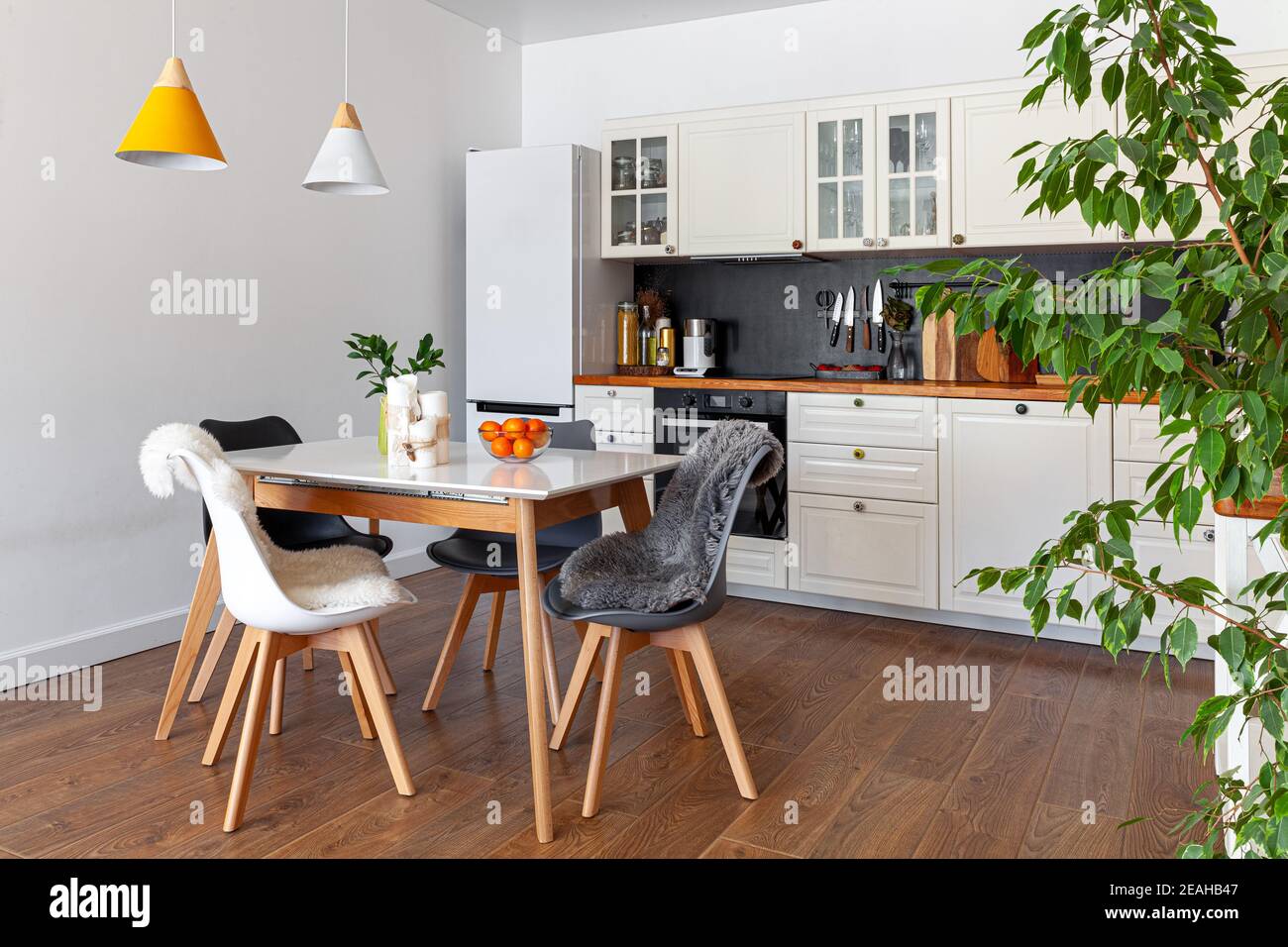 Modern design interior of dining room, kitchen, white furniture Stock ...